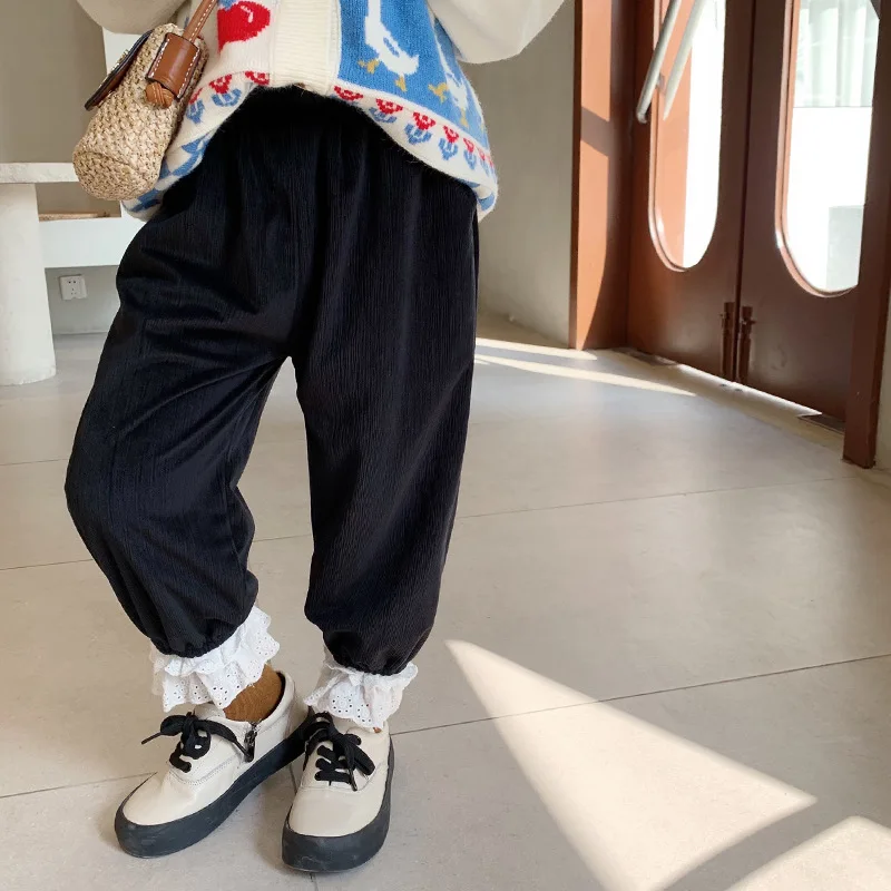 

Girls' Pants 2021 Autumn New Children's Corduroy Long Pants Western Style Lace Casual Pants