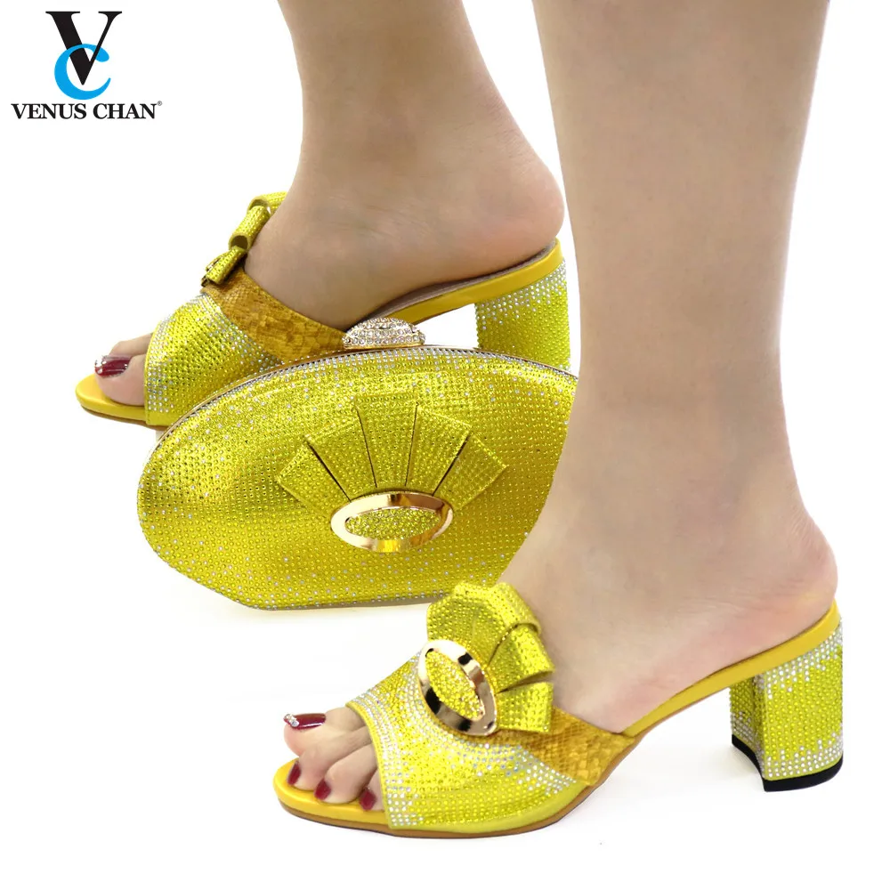 

Slipper 2021 Design Fashion Crystal Nigerian New Style Yellow Color Women Shoes and Bag Set
