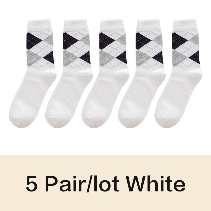 5pairs white Высокое качество, весна-осень, мужские хлопковые носки, британский стиль, ромбовидная линия, с принтом, повседневные носки в деловом стиле, подарки для мужчин, 5 пара/лот - Цвет: 5pairs white