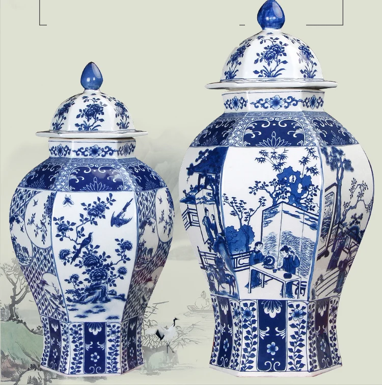 Большая сине белая фарфоровая Имбирная банка история любви китайская ваза с