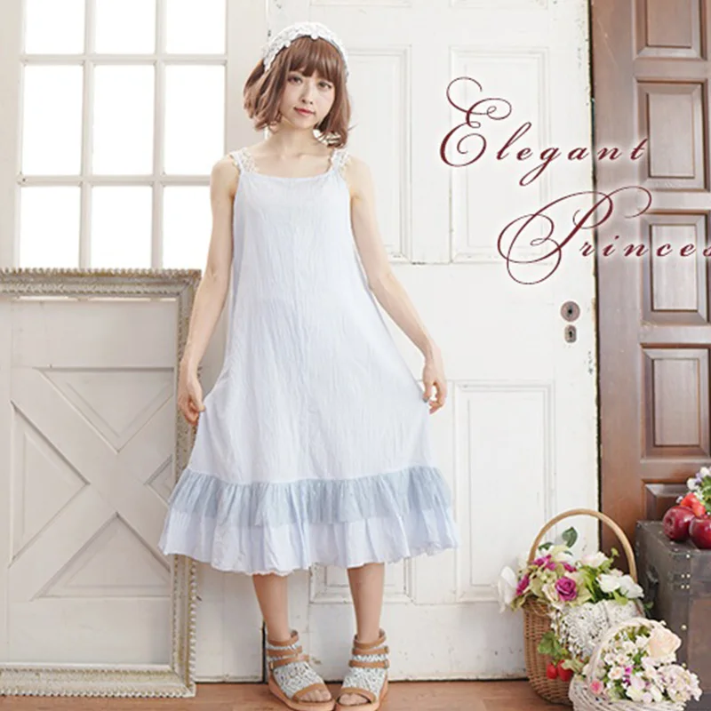 

Summer Mori Girl Sweet Sleeleves Spaghetti Strap Dress Women Lace Muli Layer Embroidery Cute Kawaii Cotton Pleated White Dress
