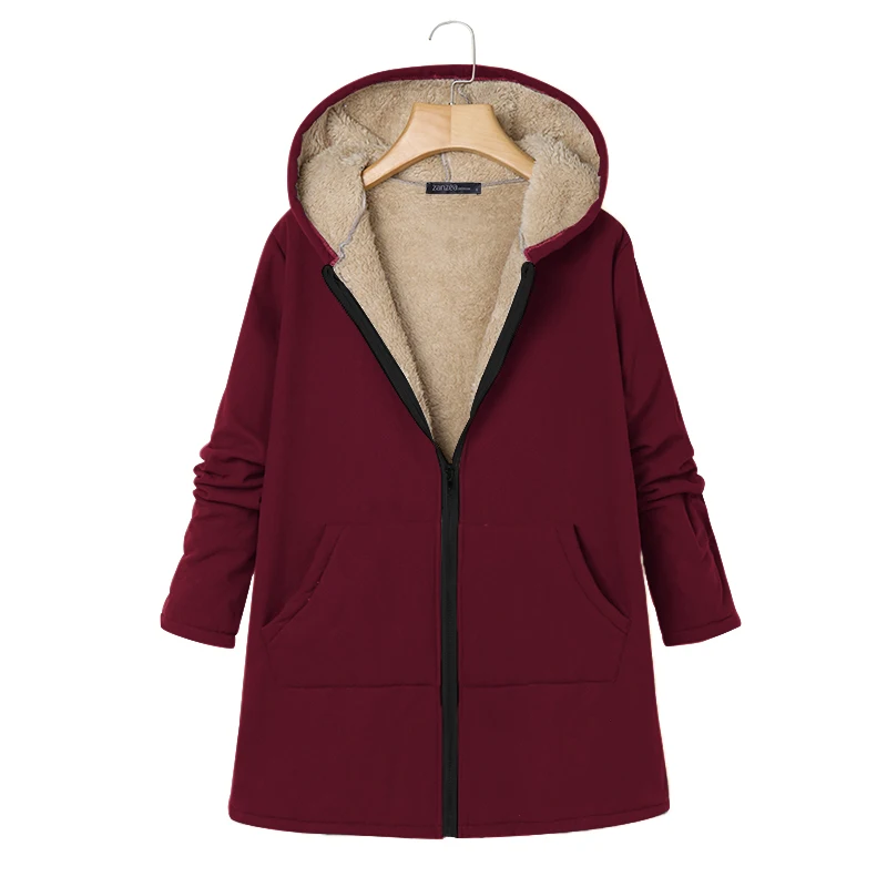 Wine Red ZANZEA, женские пальто, теплая верхняя одежда, осень-зима, Женские флисовые меховые куртки с длинным рукавом, с капюшоном, с карманами, пальто, Chaqueta 5XL 7 - Цвет: Wine Red