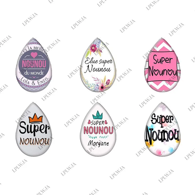 

LPLWJA French Letter Design Pattern Tear Drop Shape Glass Cabochon Handmade Printed Photo DIY Jewelry Findings