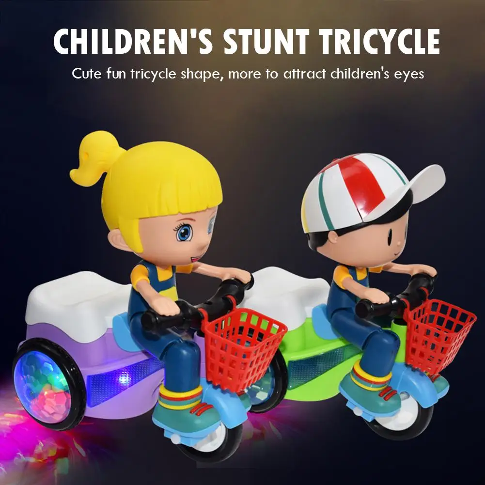 

360 Rotate Electric Stunt Tricycle Toys Environmental Protection ABS Plastics Lighting Music Car Model for Kid Gift
