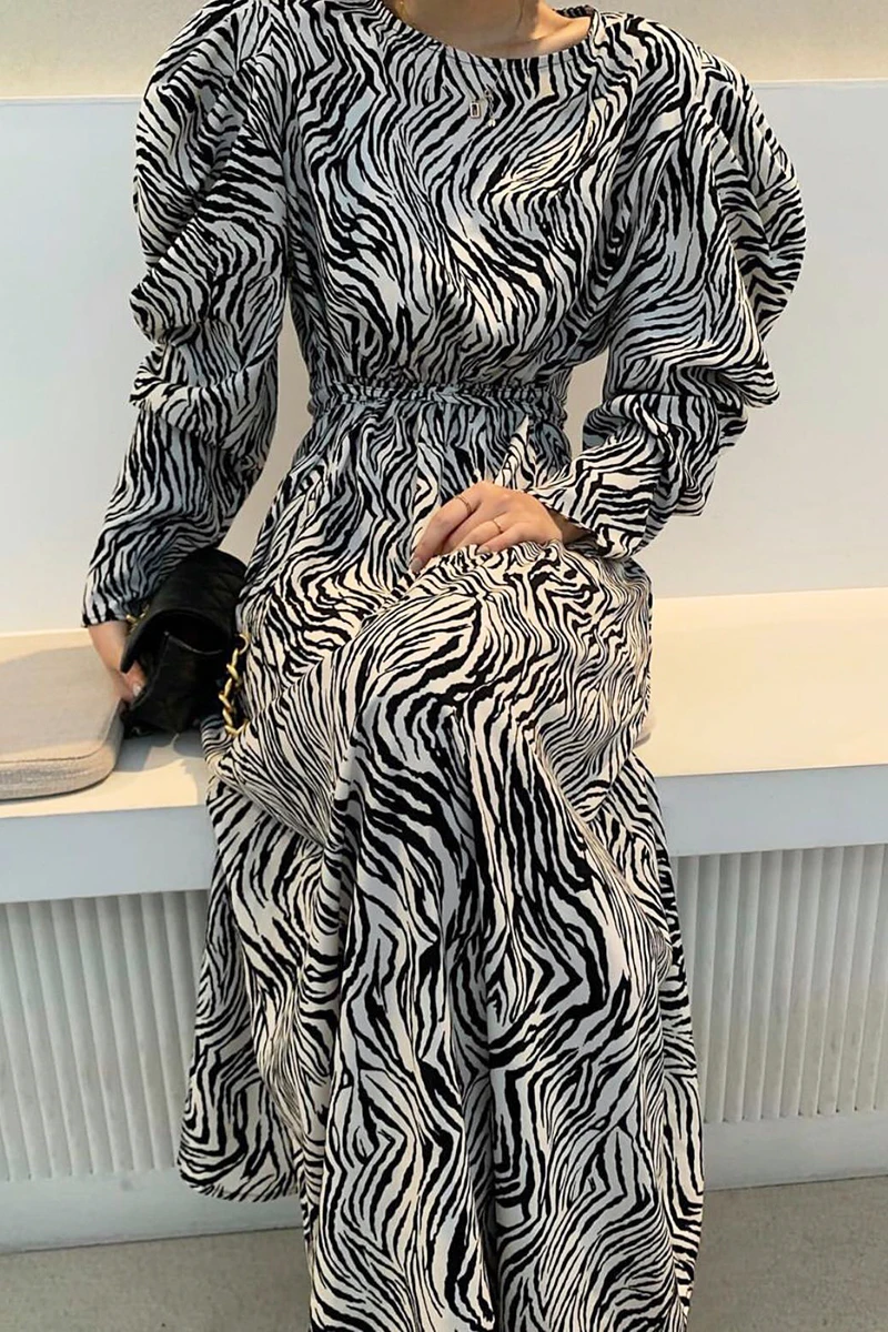 

Out Long Puff Sleeve Dress for Women French Black and White Zebra Print O Neck High Waist Hollowed