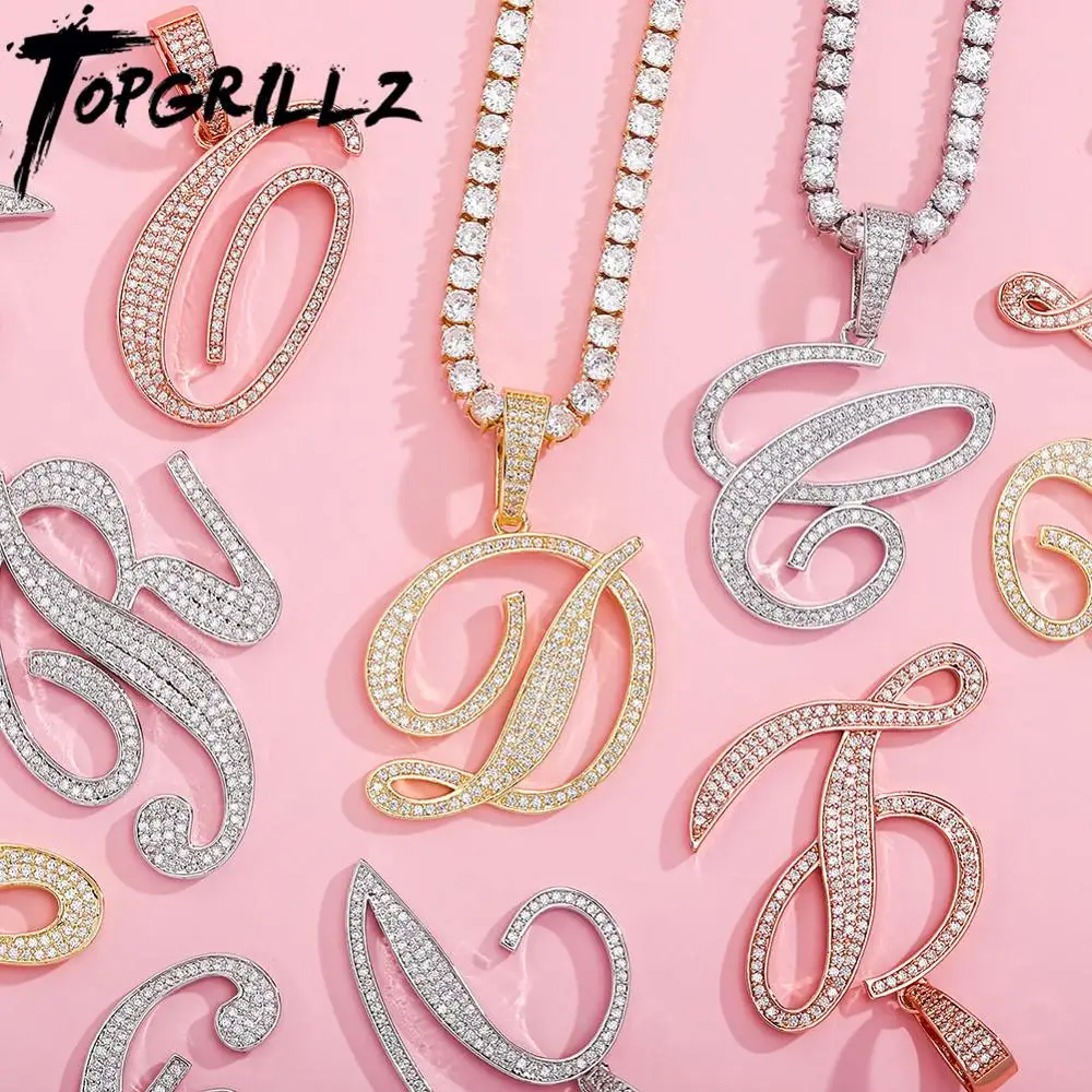 TOPGRILLZ 2020 New A-Z Bigger Size Cursive Letters Name Pendant Iced Out Cubic Zirconia Hip Hop Fashion Charm Jewelry For Gift | Украшения