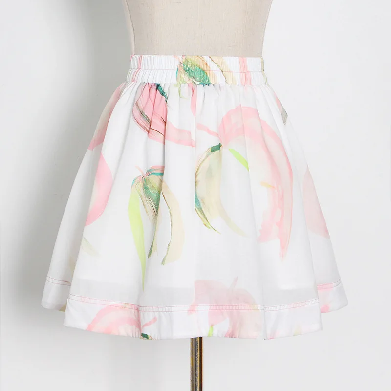 

Women Peach Print Blouse or Skirt Turn-down Collar Ruffles Flare Sleeve Shirt Elaist Waist A-line Mini Skirt Ladies Set 2021 New