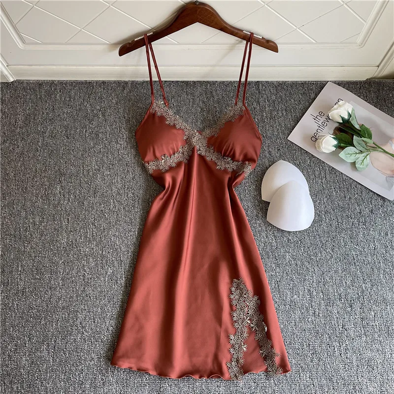 

Nightgown Summer Women Sleepwear Suspender Mini Nightdress Sleepshirt Sexy Lace Trim Intimate Lingerie Loose Silky Soft Homewear