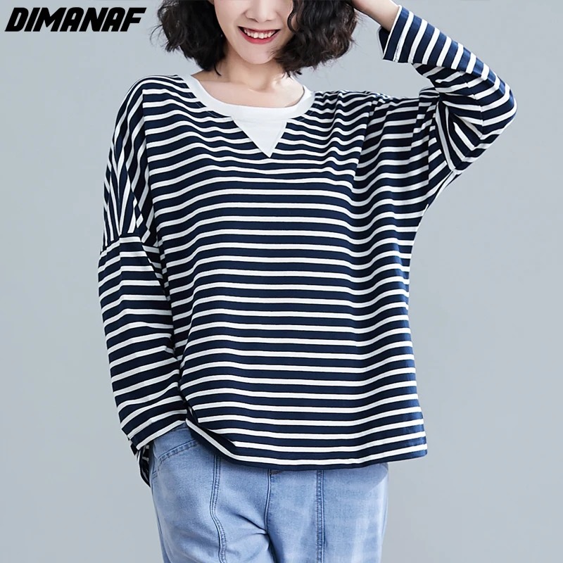 

DIMANAF Autumn Winter Pullover Women Clothing Sweatshirts Loose Casual Cotton Knitted Basic Lady Tops Shirt Long Sleeve Striped