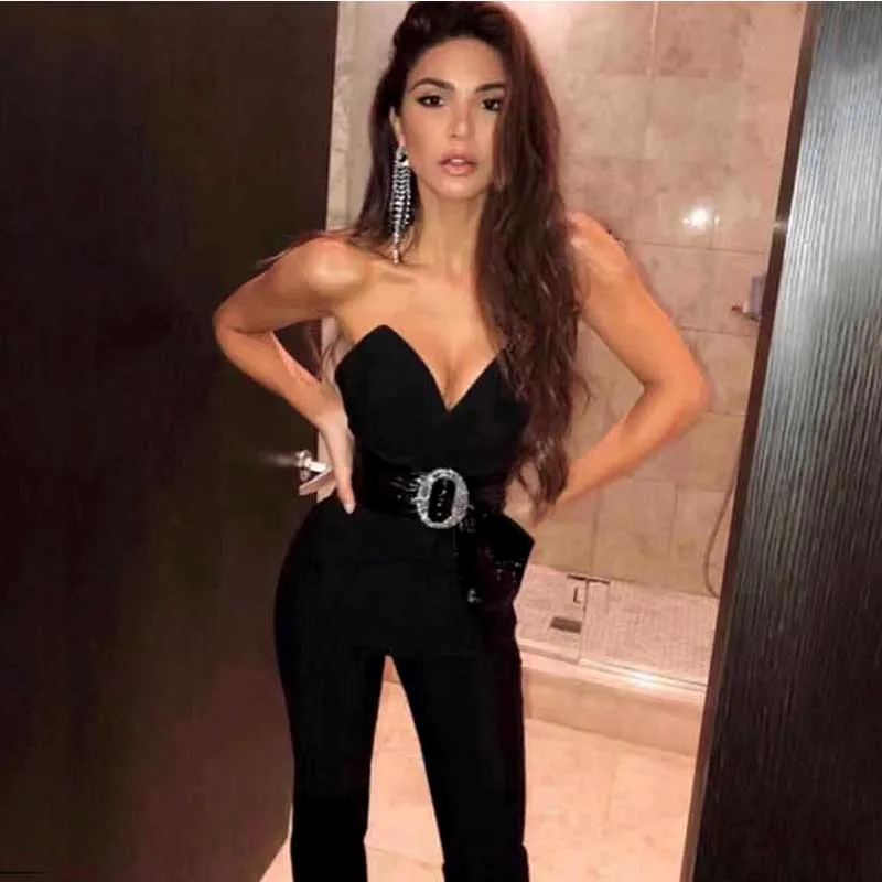 

wholesale 2020 new Rompers black Strapless V-neck Belt decoration Sexy celebrity Party bandage Jumpsuits