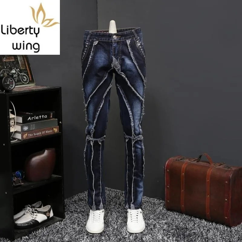 Новые брендовые Лоскутные мужские джинсовые брюки уличная одежда классические