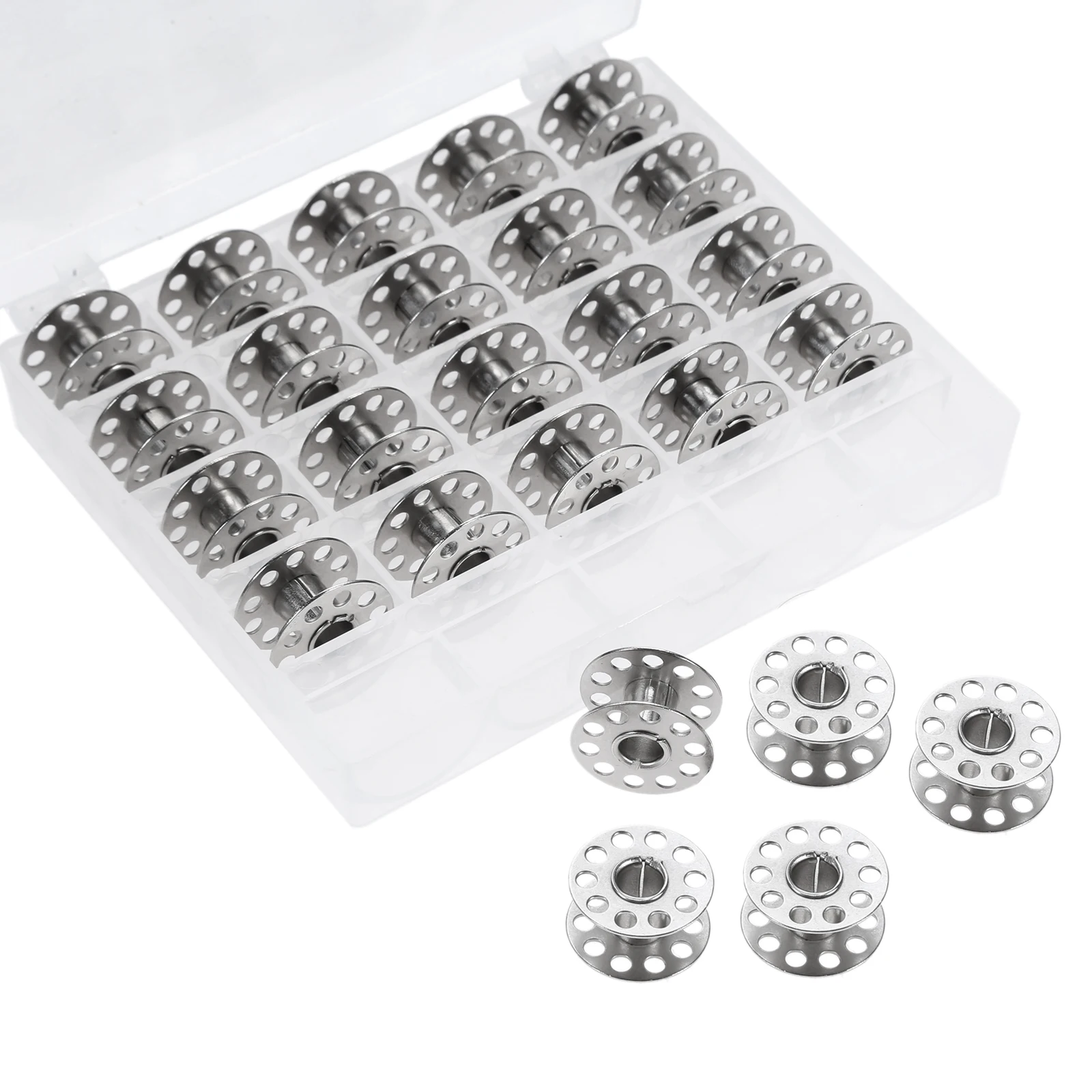 

25 metal spools for sewing machines, empty spools, sewing machines with plastic storage boxes, sewing accessories tools