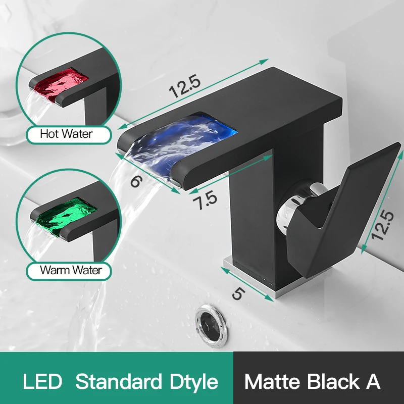 

Светодиодный смеситель для раковины, светящийся водопад, изменение цвета, латунный смеситель для ванной комнаты, монтируемый на палубе, раковина, стеклянные черные краны