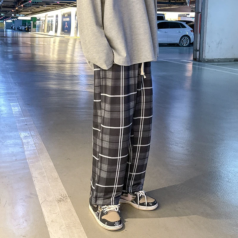 

Spring Summer Plaid Pants Men's Fashion Retro Casual Pants Men Streetwear Loose Hip-hop Straight Wide-leg Pants Mens Trousers