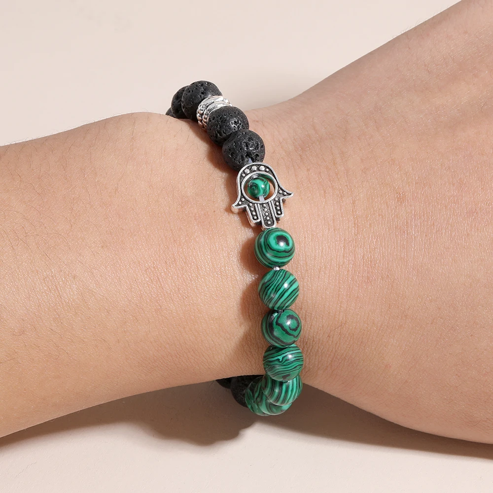 

OAIITE Fatima Hand Charm Buddha Bracelets Men Natural Malachite& Lava Stone Beads Stone Yoga Bracelet Jewelry Gifts Unisex