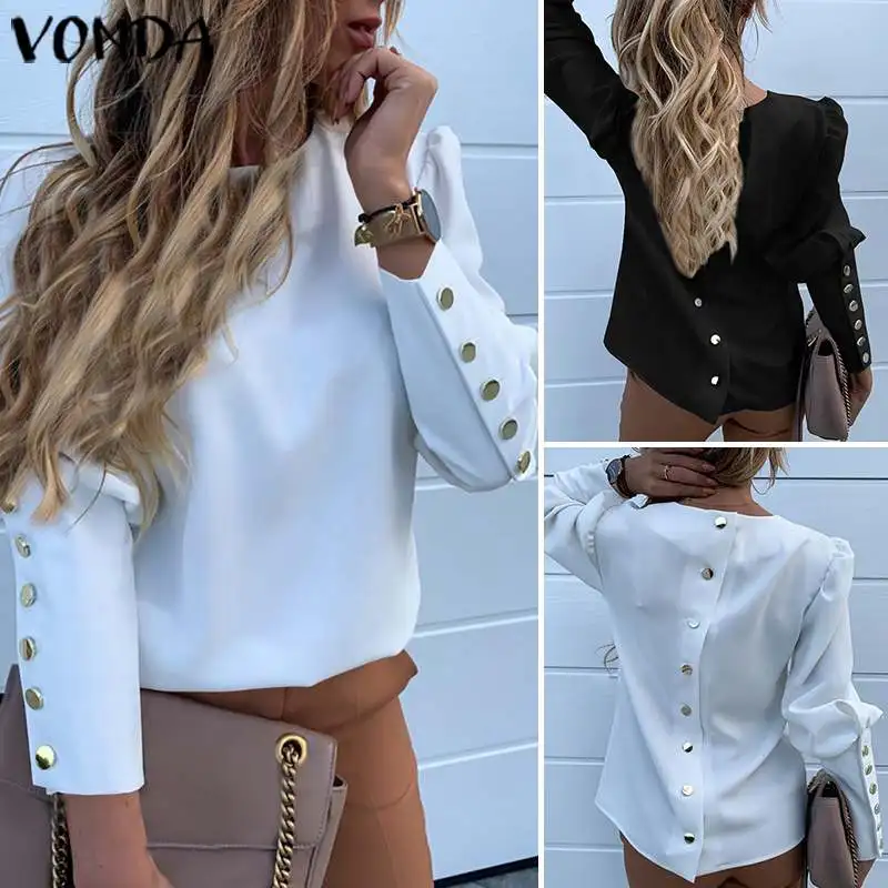 VONDA, Офисная Женская блузка на пуговицах сзади, женские рубашки, Сексуальные вечерние топы, осень, богемная туника, повседневные свободные блузы размера плюс