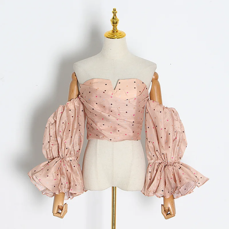 

Fashion Polka Dots Shirt Women's Strapless 2021 New Model Elastic Pleated Balloon Puffy Sleeves Shirt Jacket Korea Fashion