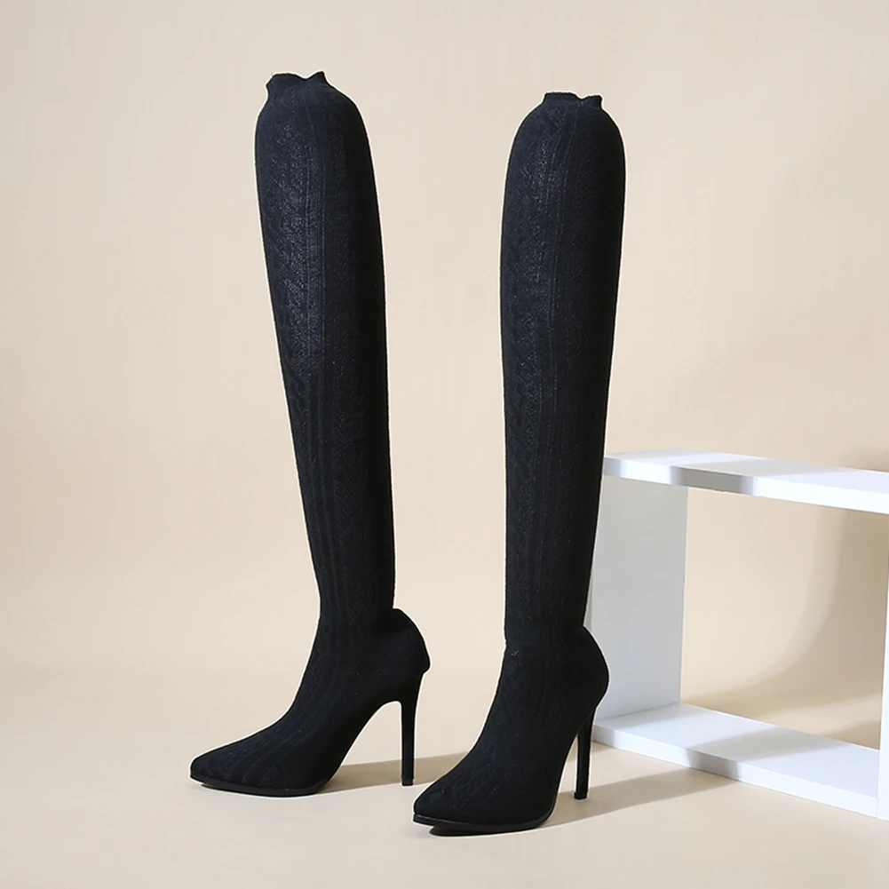 

Karinluna Dropship On Sale Fashion Knitting Pointed toe Ladies Thin High Heels Over-the-knee Boots Solid Autumn