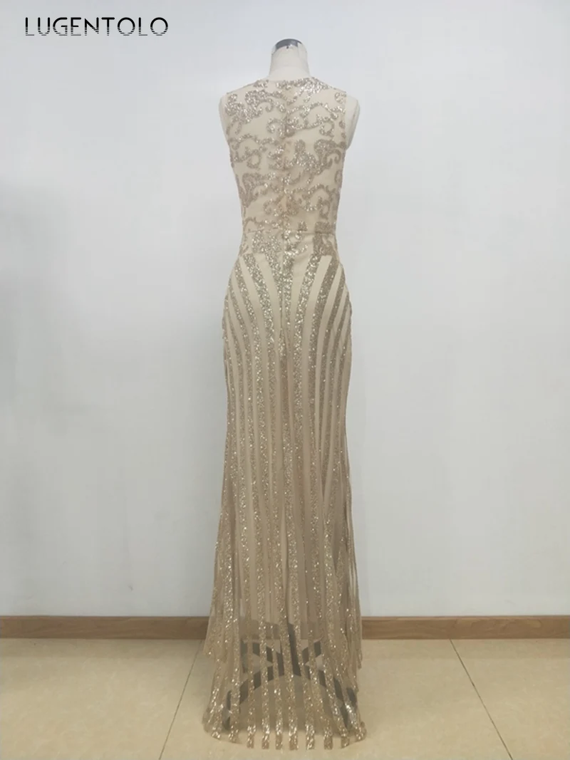 

Lugentolo Women's Dance Dress Summer Sequins Sexy Lace Perspective Party Sleeveless Slim-fit Lady Dinner Maxi Bodycon Dresses