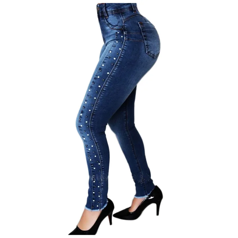 

2022 Pantalones vaqueros de cintura alta con cuentas para mujer, Jeans de pitillo elásticos de color azul oscuro, moda urbana,