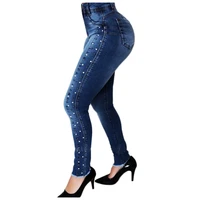 2021 new women dark blue high waist beaded jeans high stretch denim pencil pants street fashion casual push up hip jeans s 2xl
