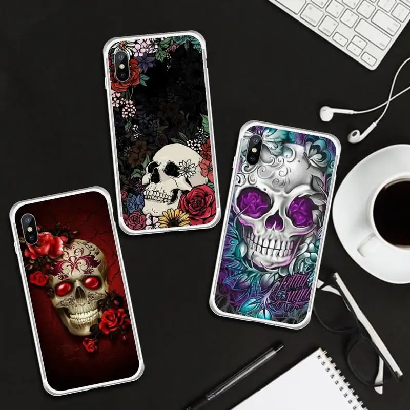 

Cool skull design flower art Phone Case Transparent for iPhone 6 7 8 11 12 s mini pro X XS XR MAX Plus cover funda shell