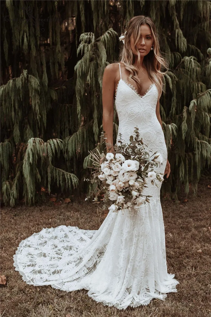 cheap wedding dresses Boho Mermaid Wedding Dress Lace Spaghetti Straps Backless Beach Bride Dresses Sexy Bohemian Bridal Gown Vestido De Noiva Elegant dresses for wedding