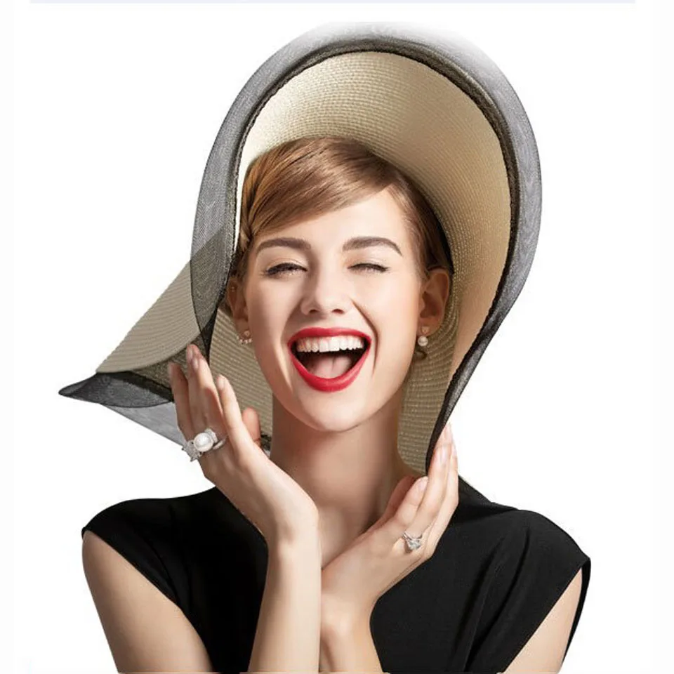 

Elegant Sun Hat Summer Anti-UV Lady 17CM Wide Brim Sun Hat Solid Plain Floppy Summer Straw Hats for Women Ladies Mesh Brim Beach