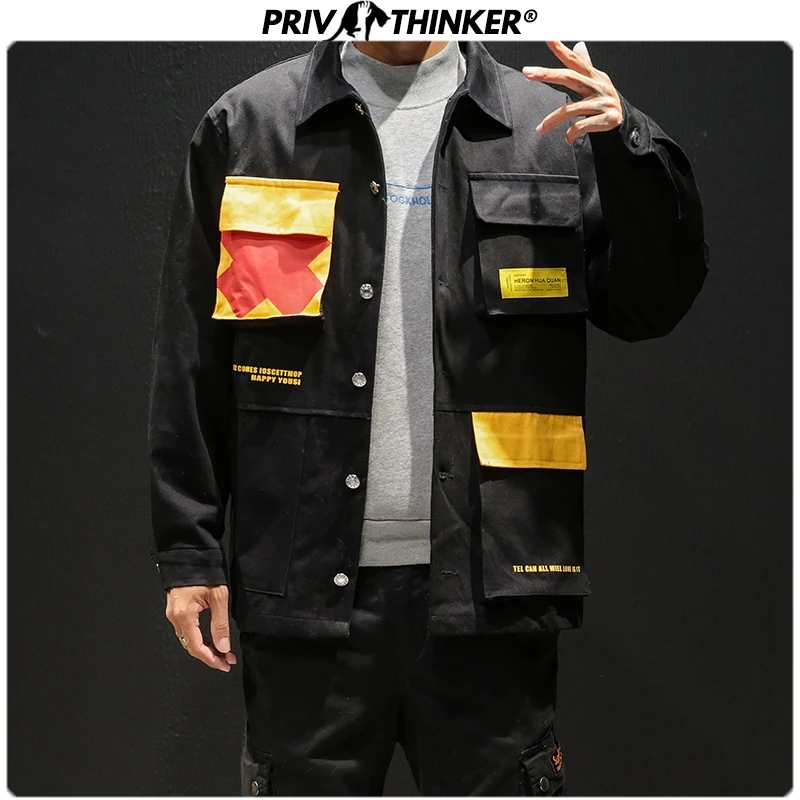 Privathinker Япония осень Модные мужские черные куртки Мужская Уличная одежда с карманом пальто Мужская Лоскутная куртка Верхняя одежда 5XL