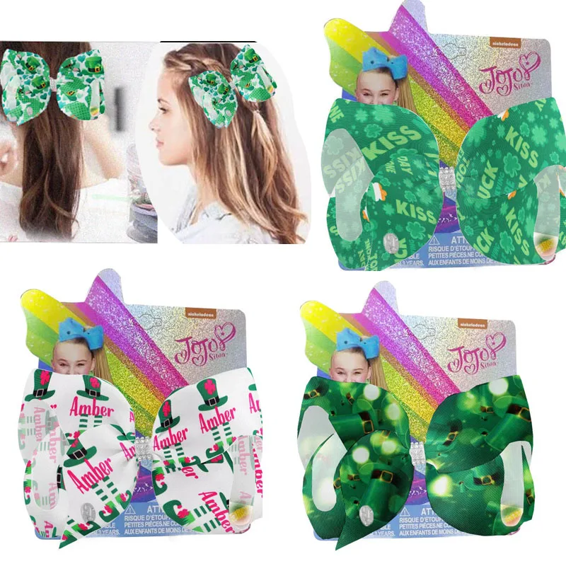 2022 NEW 7.5“St. Patrick's Day Hairbows Shamrock Printed Hair Clips Grosgrain Ribbon Bow For Girls Party Hair Accessories