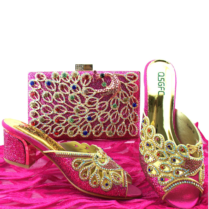 QSGFC 2023 женская обувь и сумки в итальянском стиле, в комплекте с высококачественными сверкающими кристаллами бордового цвета и розовыми высокими каблуками