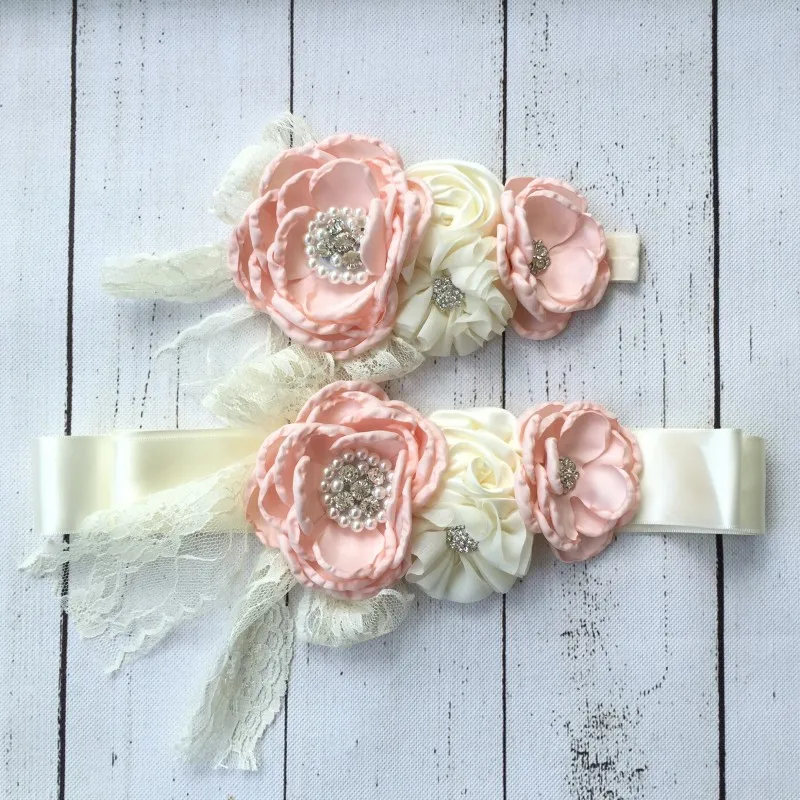

2Pcs/Set Stain Flower Pearl Baby Headband Sashes Chiffon Rhinestone Lace Elastic Hair Band Maternity Ribbon Belt Headwear