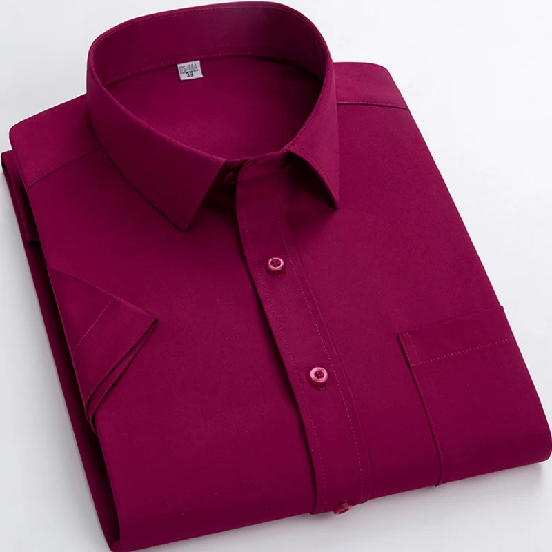 

Summer S~5xl Mens Dress Shirts Short Sleeve Thin Stretch Patch Pocket Standard-Fit Formal Work Office Solid Basic Male Red Shirt