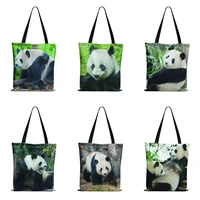 fashion kawaii panda cloth shopping bag for women foldable reusable eco canvas tote bag storage college cute shopper handbag bag