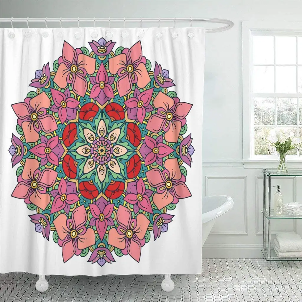 

Adult Round Mandala in Abstract Retro Graphic Coloring Book Shower Curtain Waterproof Polyester Fabric 60 x 72 Inches Set