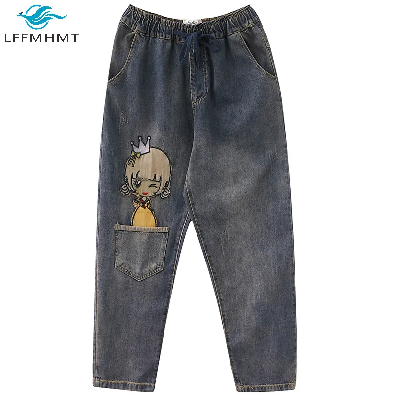 

Autumn Winter Fashion Vintage Elastic Waist Princess Embroidery Patchwork Denim Pants Office Lady Retro Large Size Jeans Trouser