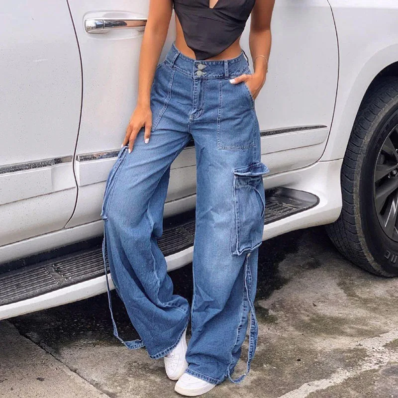 

SHENGPALAE Women Fashion Blue Denim Jeans New High Waist Straight Trousers Tube Strap Casual Pants Autumn Female 2021 5E2531