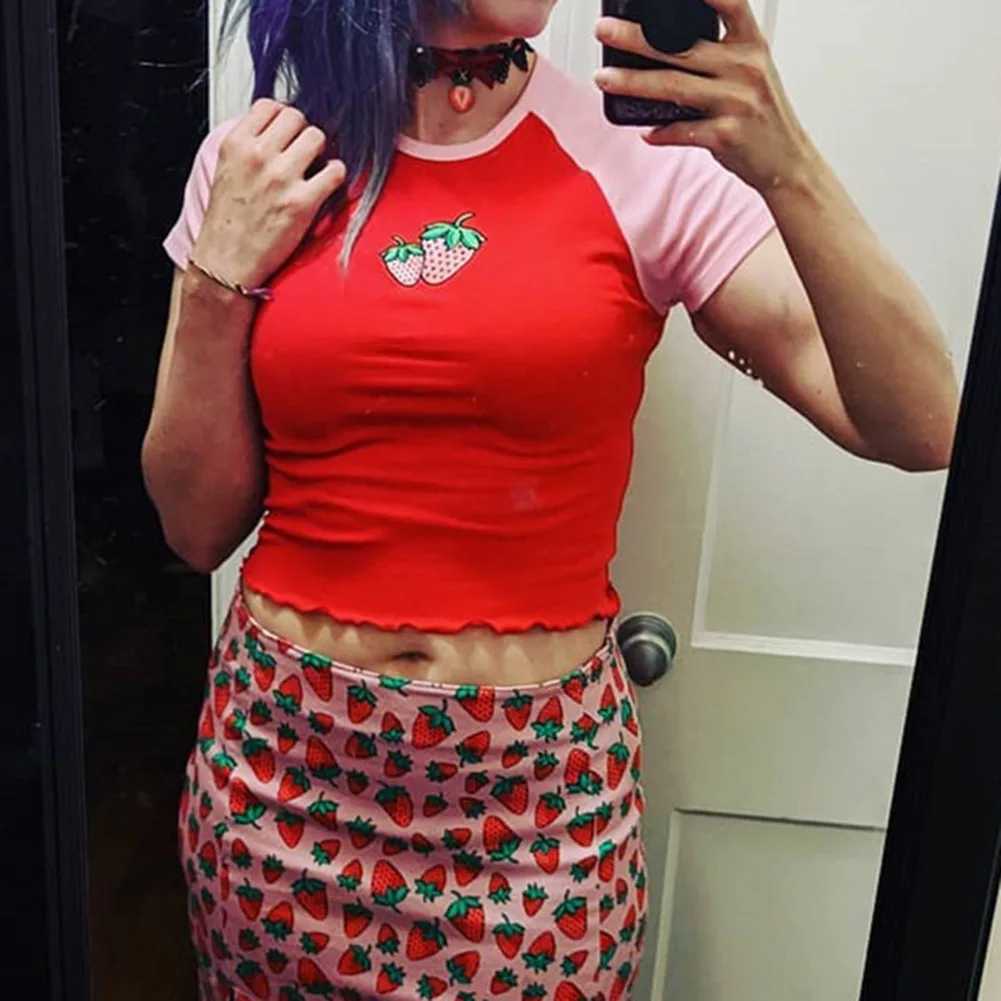 Женская Лоскутная футболка с вышивкой клубники Harajuku летний женский топ для