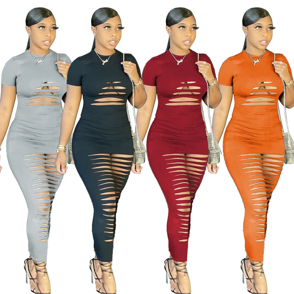 

Solid Color Hollow Out Maix Dress Woman Casual Short Sleeve Fashion Bodycon Summer Outfits Night Club Wear Sundress