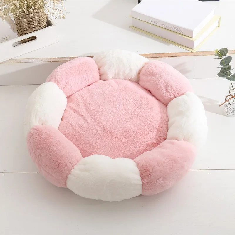 Супер мягкая моющаяся круглая кровать для собак с лепестками из кроличьей шерсти