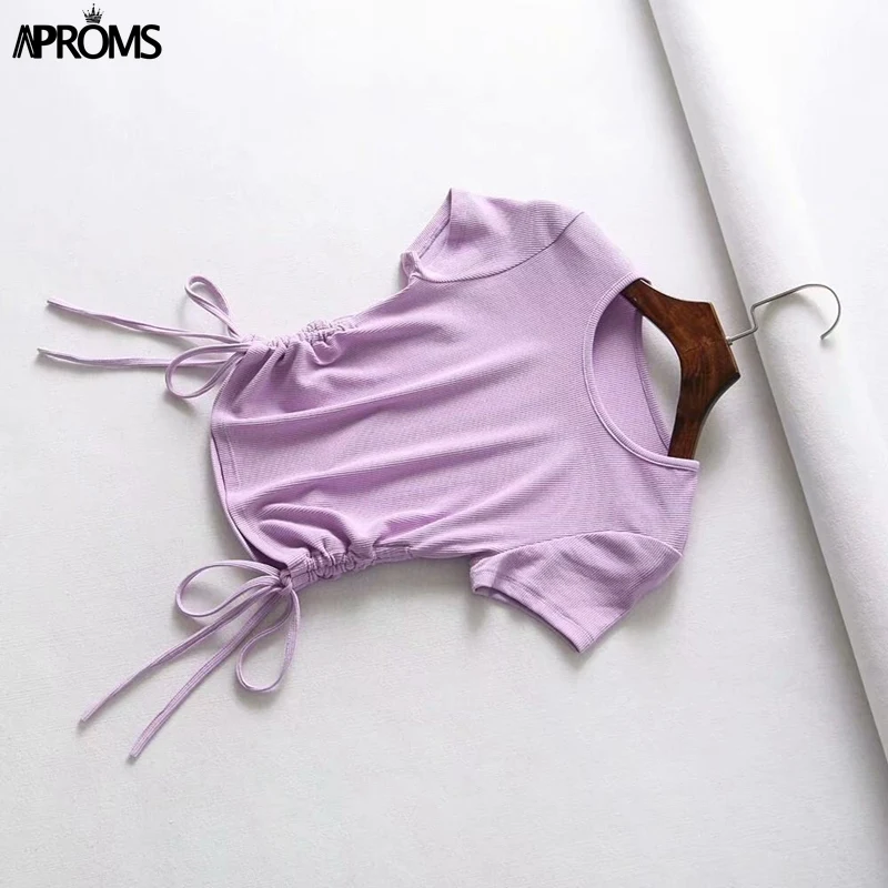 Purple New Aproms, сексуальные женские укороченные топы с v-образным вырезом, на завязках спереди, топы ярких цветов, уличная одежда, облегающий ребристый кроп-топ - Цвет: Purple New