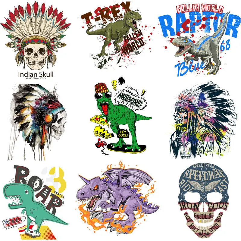 

Sugar Skull Patches on Punk Clothes Cartoon Dinosaur Iron on Transfers for Clothing Jacket Indian Skull Stripes Thermo Stickers