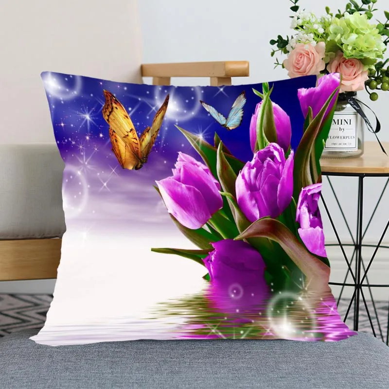 

New Arrival Tulip Flower Pillowcase Wedding Decorative Pillow Cover Custom Printed Soft Satin Fabric Pillow Cases Not Fade