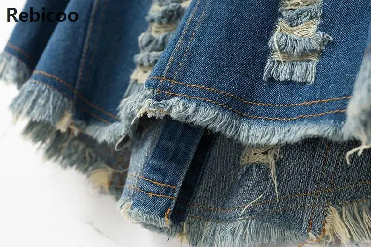 

High Qualtiy Womens Denim Vests New Autumn Sleeveless Ripped Holes Button Fashion Large size Jeans Vest Tops
