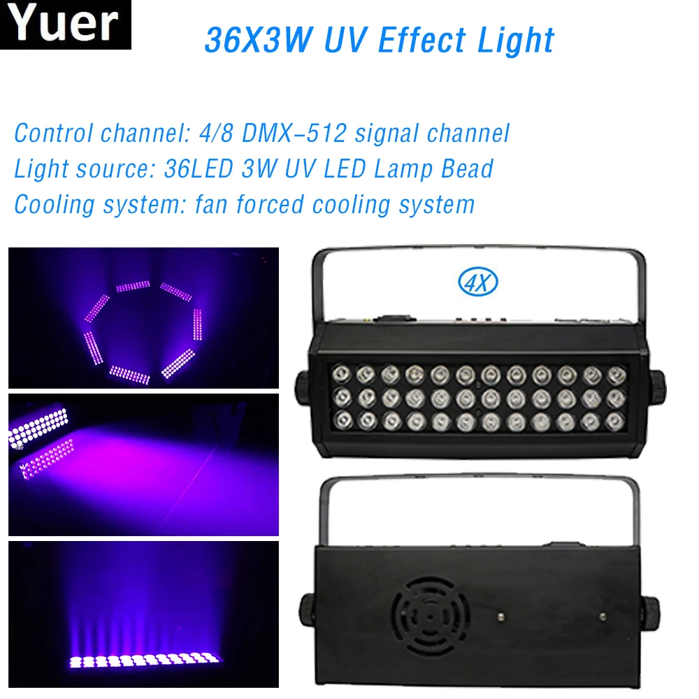 

Сценический Светодиодный УФ стробоскоп, 4 шт./лот, 36x3 Вт, управление DMX 512