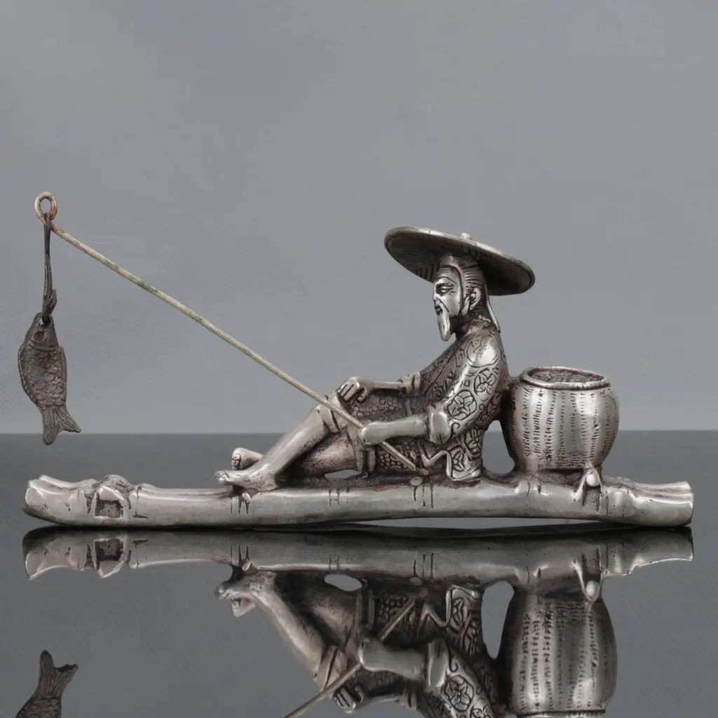 

Old Chinese Tibet Silver Hand Carved Fisherman & His Bamboo Raft Statue