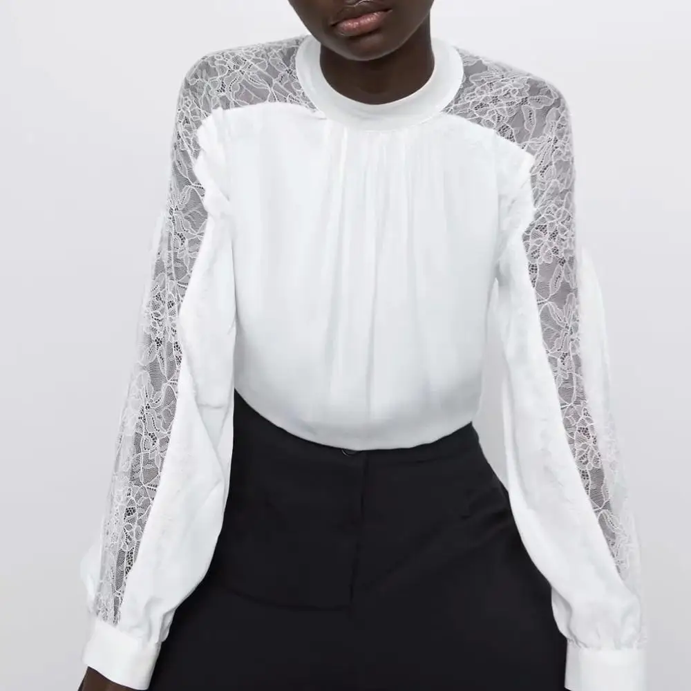 Женская атласная блузка ZA белая Повседневная из тюля с прозрачными рукавами и