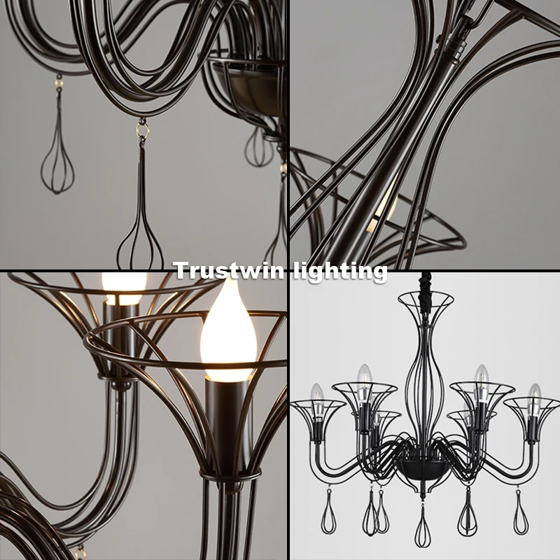 

European Minimalism iron chandelier light LED hanging droplight foyer dinning living room foyer black LED candle chandelier lamp