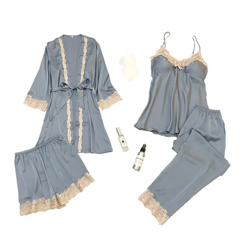 

Gray Women 4PCS Pajamas Suit Lace Trim Sexy V-neck Strap Top&Pant Home Wear With Bra Autumn Lounge Nightwear Satin Sleepwear