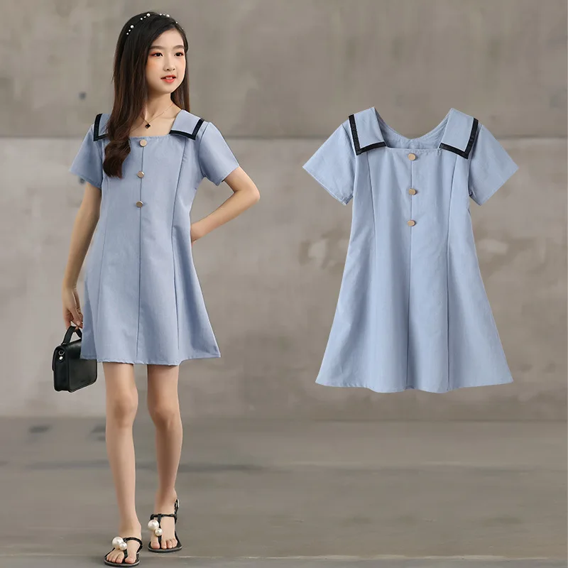 

Summer Mother And Girl Matching Dress 4-14 Years Old Child Blue Frocks Peter Pan Collar Elegant Cotton A-Line Mini Dresses